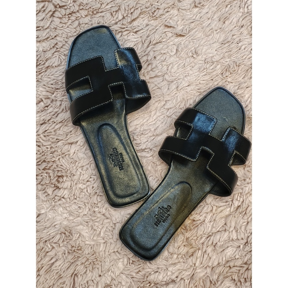 Hermes Oran Sandals Black Leather H Cut Out Flat Slides Size 39 Made in Italy - Picture 4 of 10